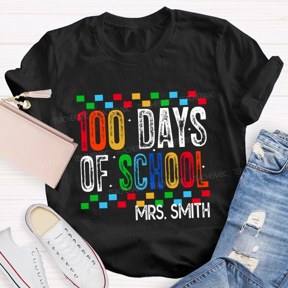 Personalized Name 100 Days Of School Colored Squares Teacher T-Shirt