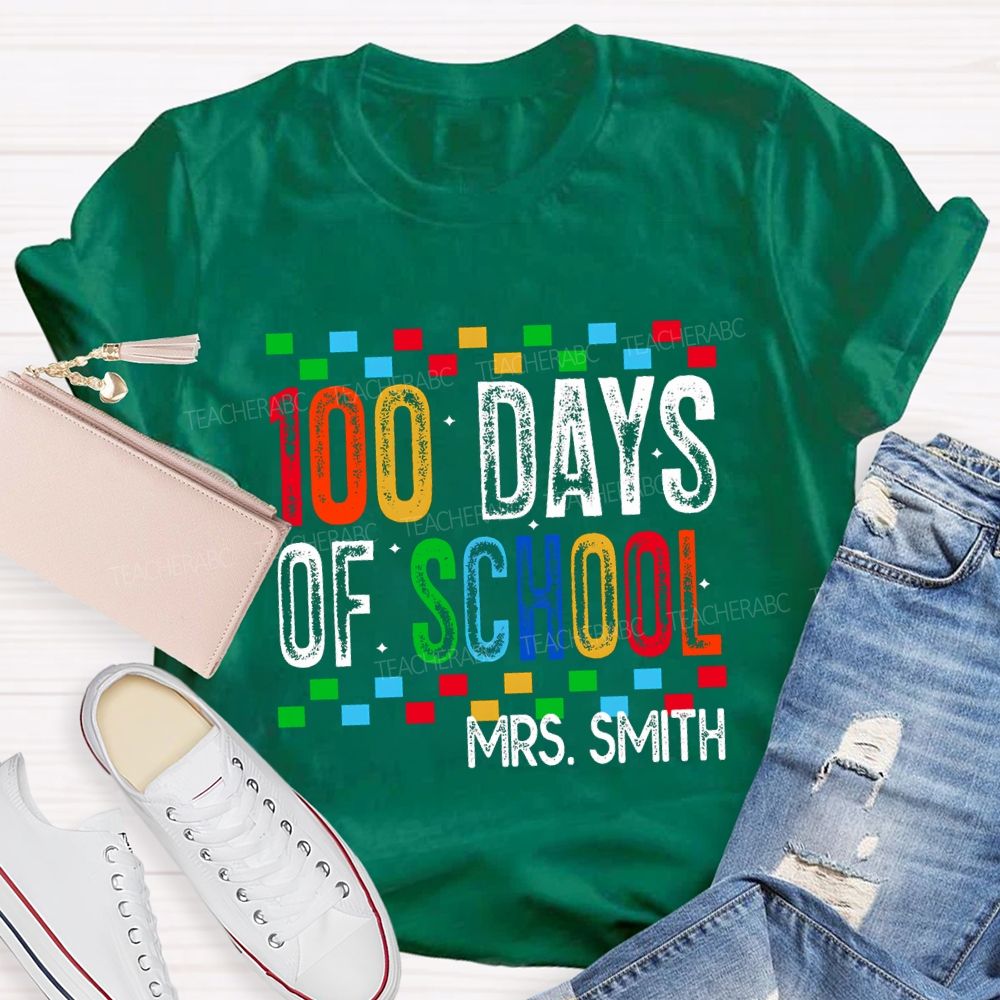 Personalized Name 100 Days Of School Colored Squares Teacher T-Shirt
