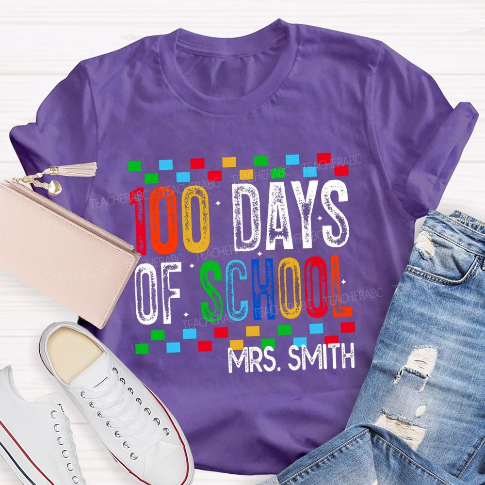 Personalized Name 100 Days Of School Colored Squares Teacher T-Shirt