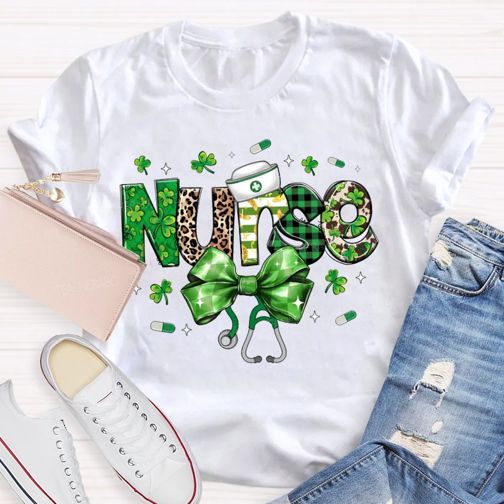 School Nurse Lucky Clover Bow-Tie Stethoscope T-shirt