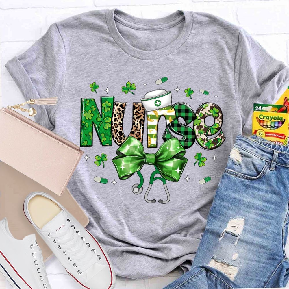 School Nurse Lucky Clover Bow-Tie Stethoscope T-shirt