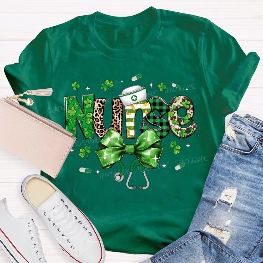School Nurse Lucky Clover Bow-Tie Stethoscope T-shirt