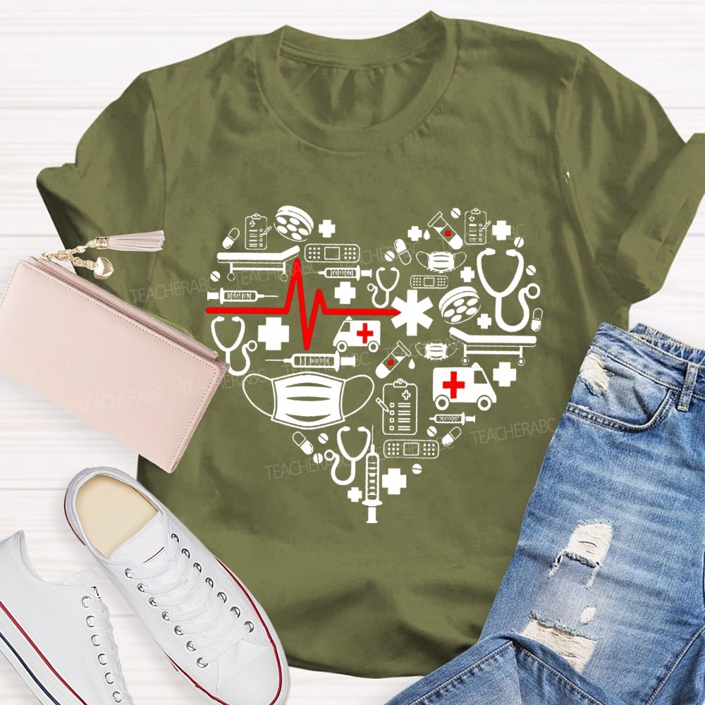 School Nurse Medical Equipment With Heart-Shaped Print T-shirt