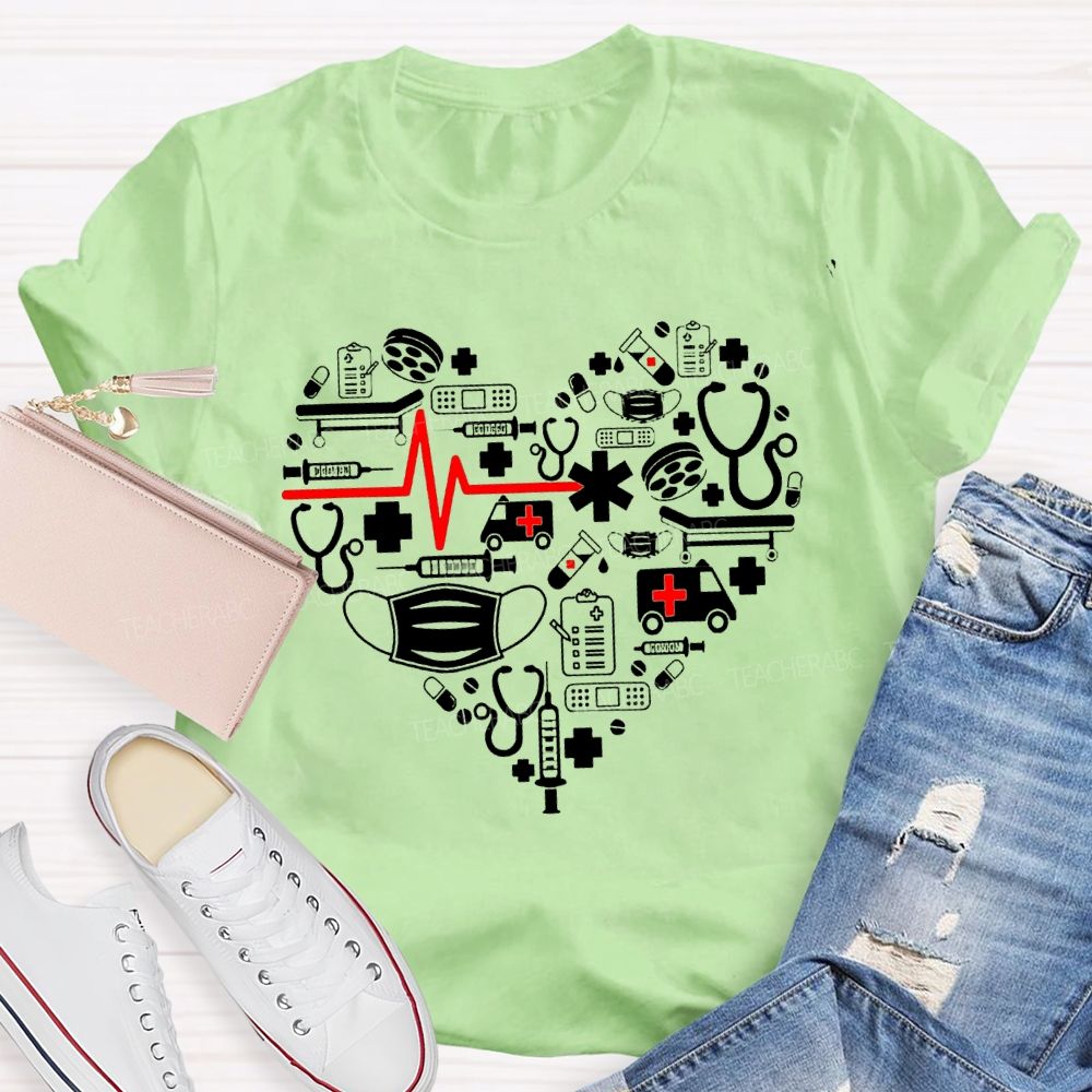 School Nurse Medical Equipment With Heart-Shaped Print T-shirt