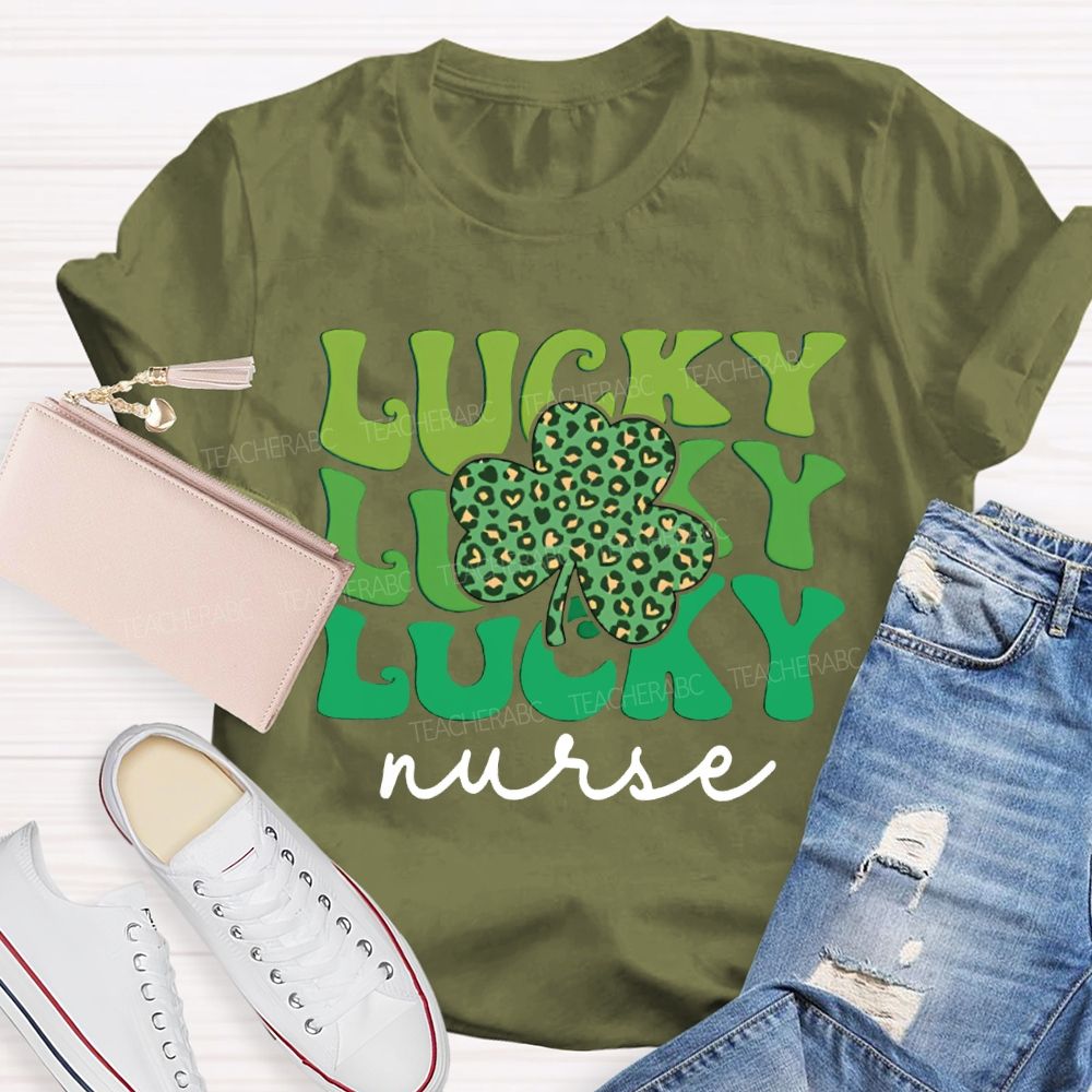 Lucky Nurse Leopard Print Clover And Colorful Font T-shirt