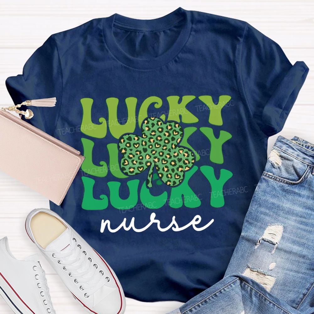 Lucky Nurse Leopard Print Clover And Colorful Font T-shirt