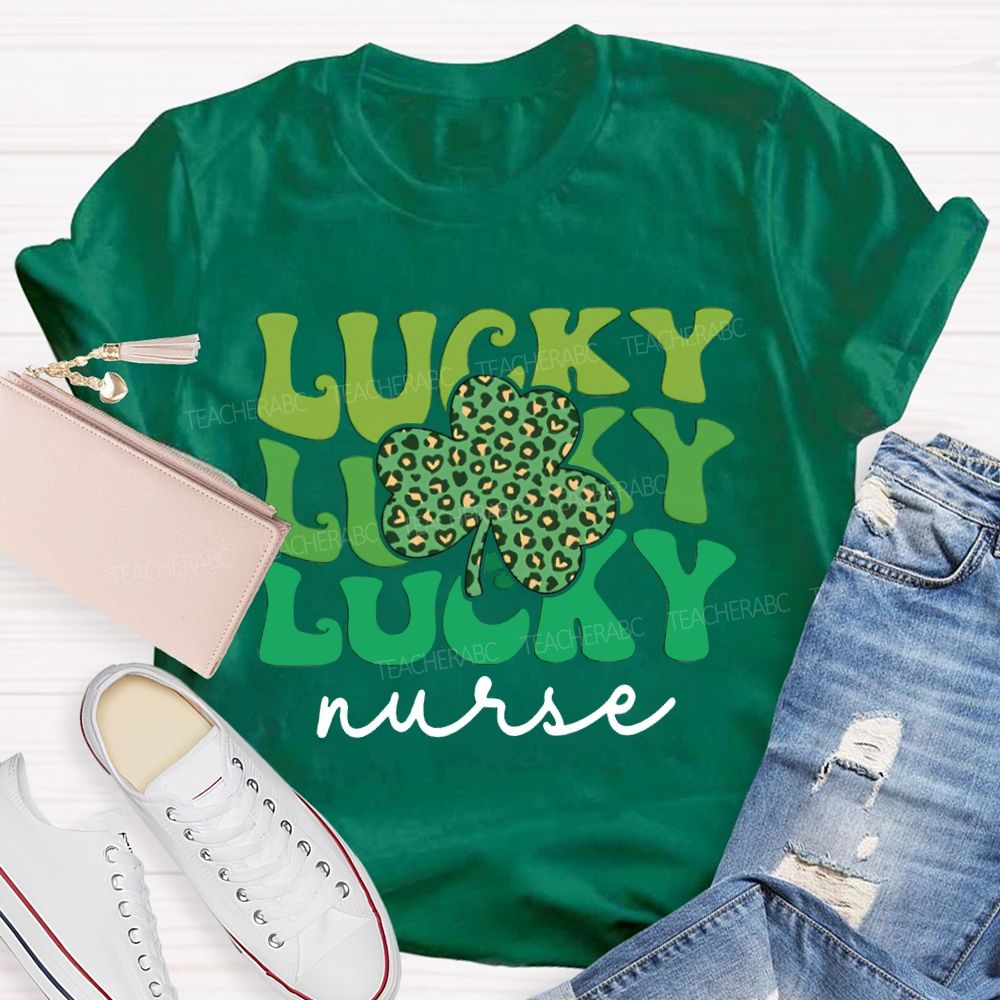Lucky Nurse Leopard Print Clover And Colorful Font T-shirt