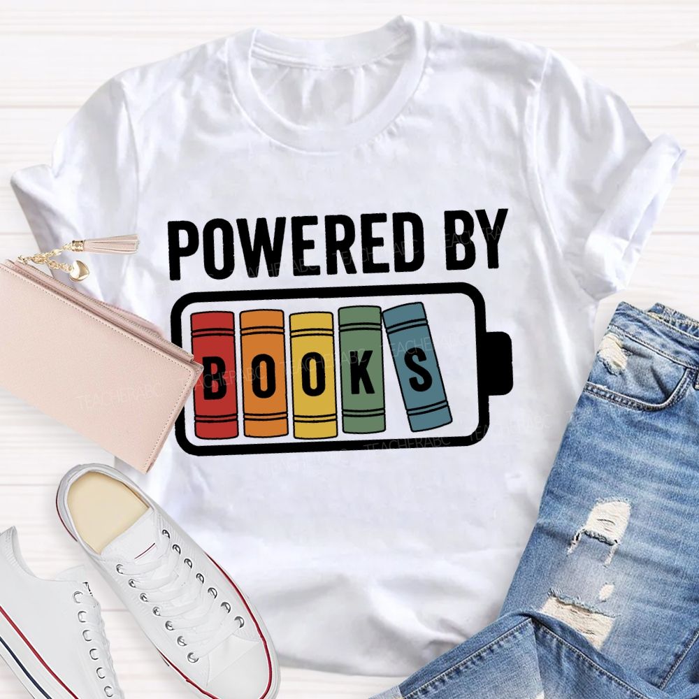Powered By Books Colorful Patchwork Print Teacher T-shirt