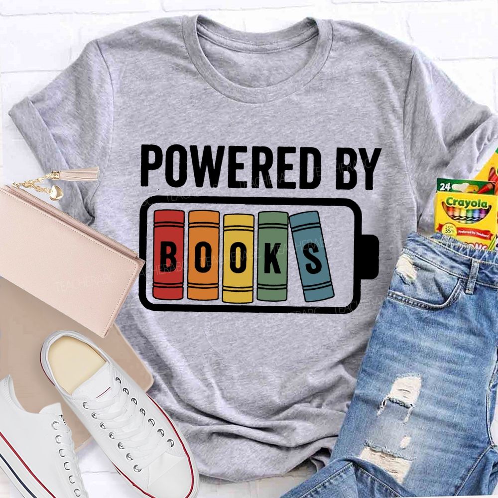 Powered By Books Colorful Patchwork Print Teacher T-shirt