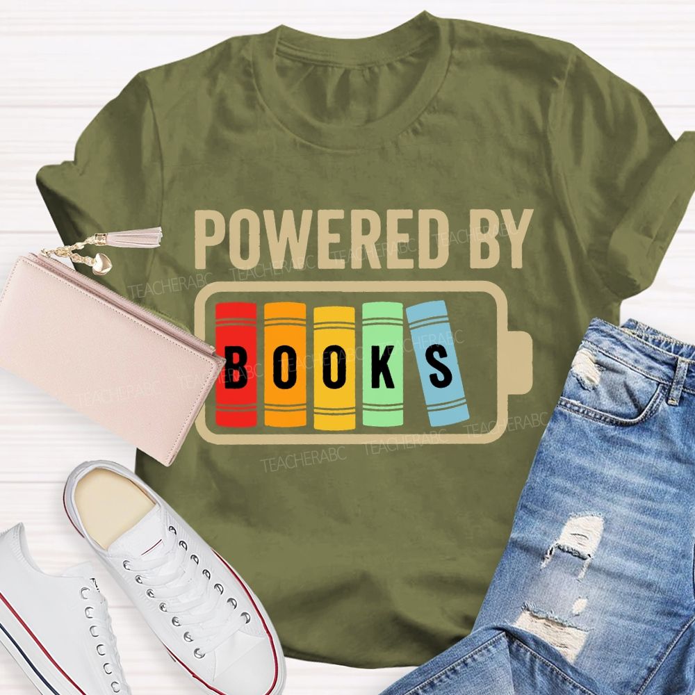 Powered By Books Colorful Patchwork Print Teacher T-shirt