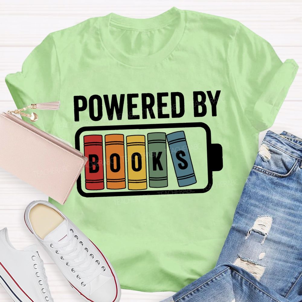 Powered By Books Colorful Patchwork Print Teacher T-shirt