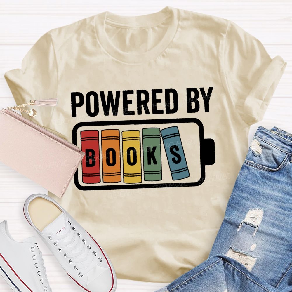 Powered By Books Colorful Patchwork Print Teacher T-shirt