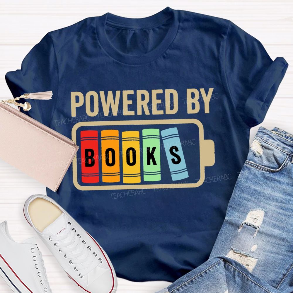Powered By Books Colorful Patchwork Print Teacher T-shirt