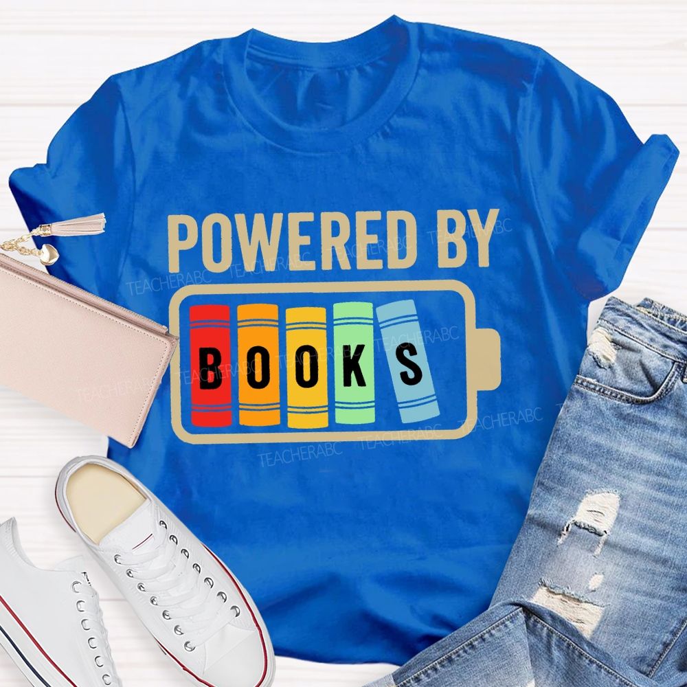 Powered By Books Colorful Patchwork Print Teacher T-shirt