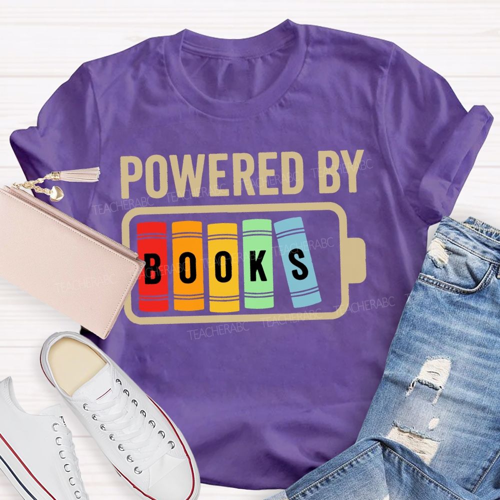 Powered By Books Colorful Patchwork Print Teacher T-shirt