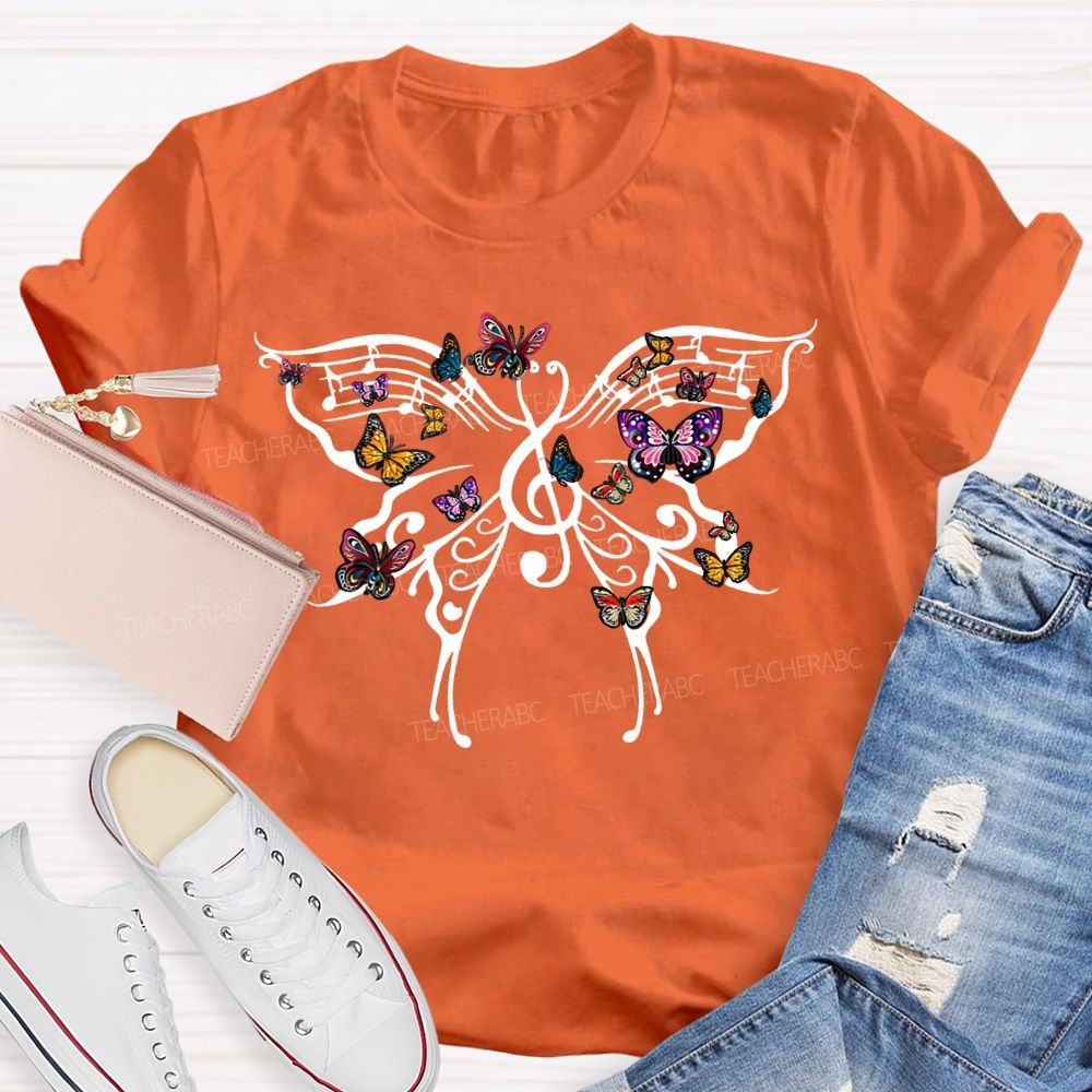 Butterfly And Musical Note Print Music Teacher T-shirt
