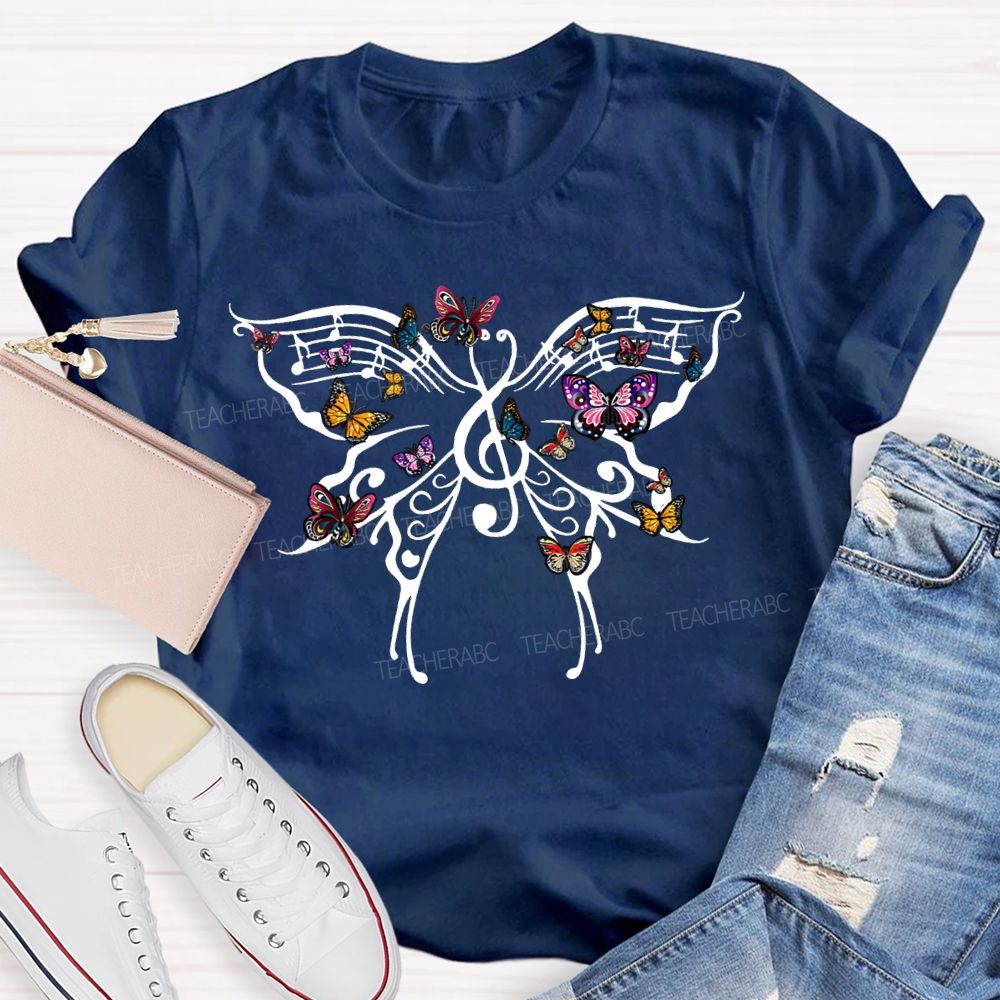 Butterfly And Musical Note Print Music Teacher T-shirt