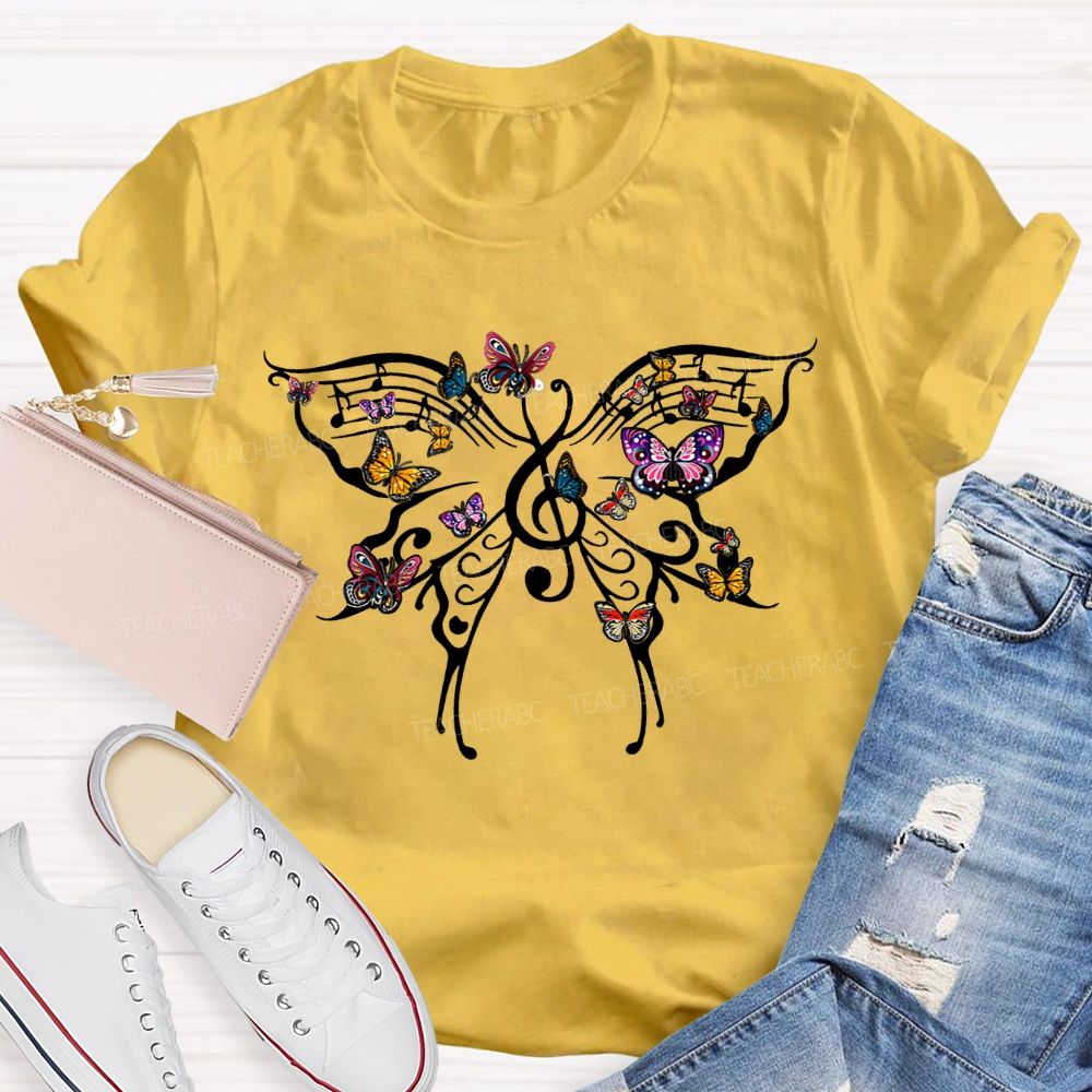 Butterfly And Musical Note Print Music Teacher T-shirt