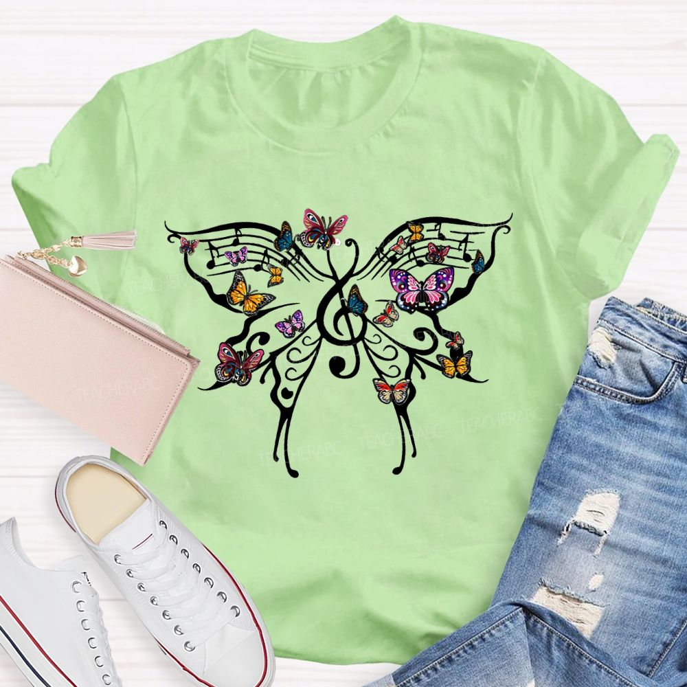 Butterfly And Musical Note Print Music Teacher T-shirt