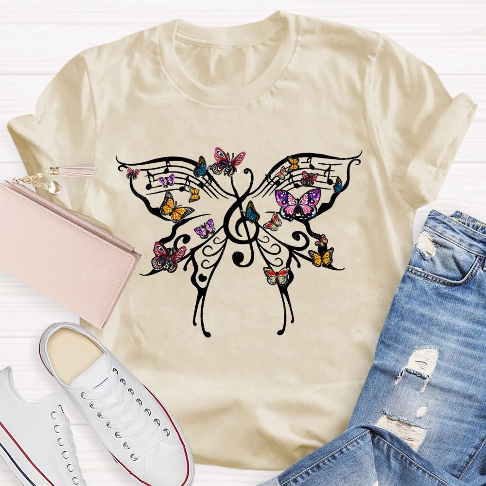 Butterfly And Musical Note Print Music Teacher T-shirt