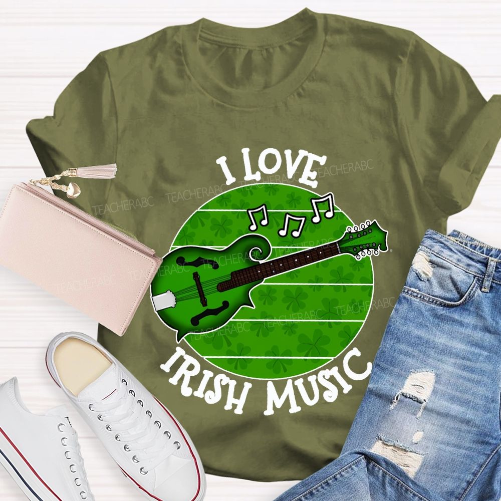I Love Irish Music Lucky Guitar And Clover Teacher T-shirt