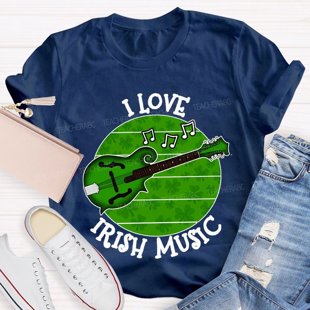 I Love Irish Music Lucky Guitar And Clover Teacher T-shirt