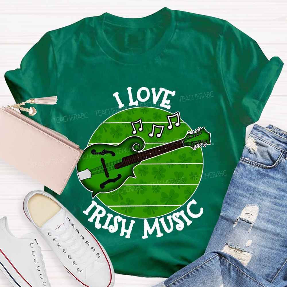 I Love Irish Music Lucky Guitar And Clover Teacher T-shirt