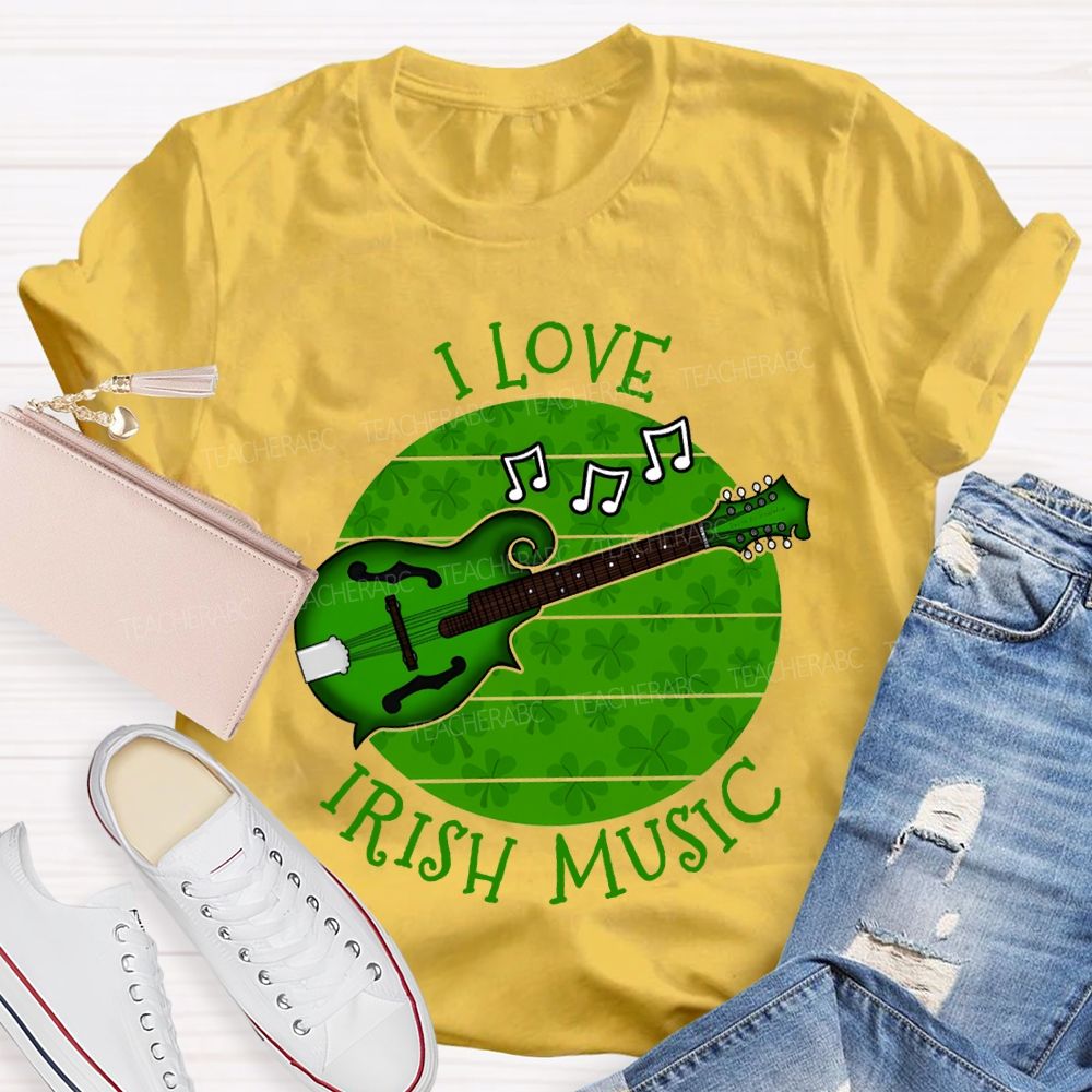 I Love Irish Music Lucky Guitar And Clover Teacher T-shirt