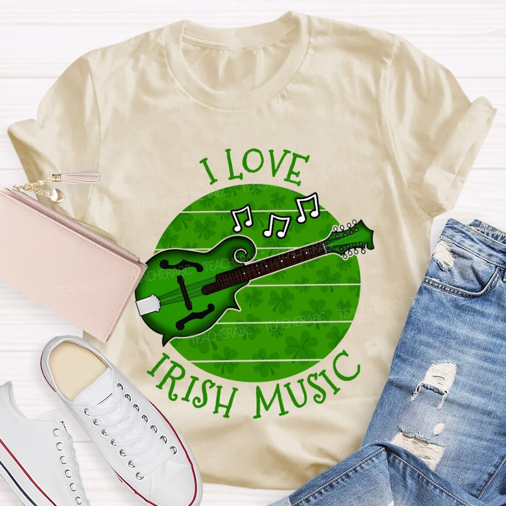 I Love Irish Music Lucky Guitar And Clover Teacher T-shirt