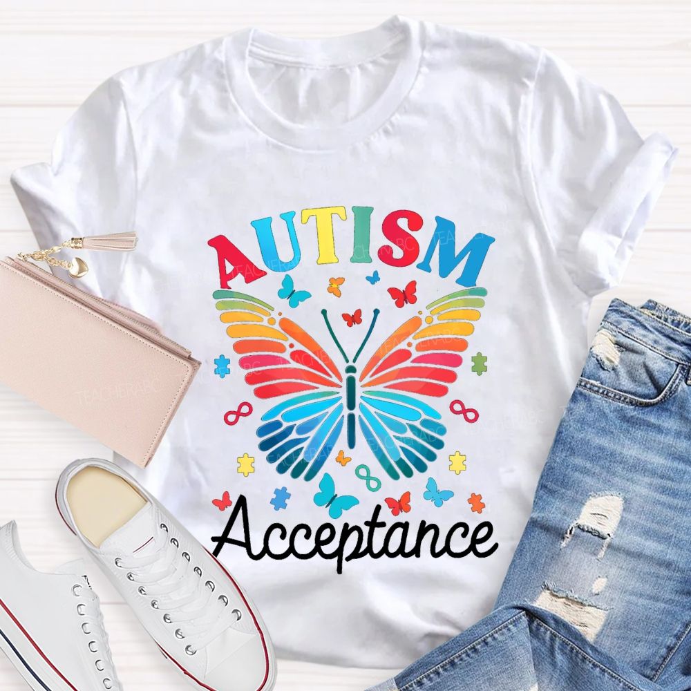 Autism Acceptance Colorful Butterfly Print Teacher T-shirt