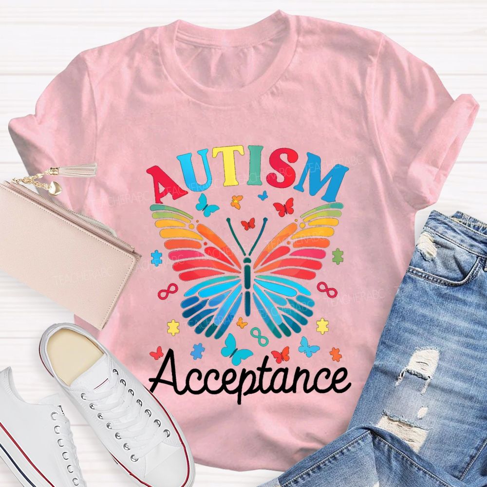 Autism Acceptance Colorful Butterfly Print Teacher T-shirt