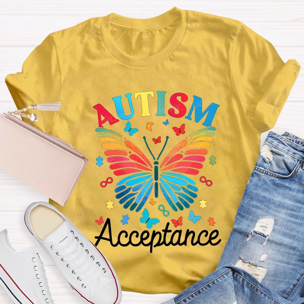 Autism Acceptance Colorful Butterfly Print Teacher T-shirt