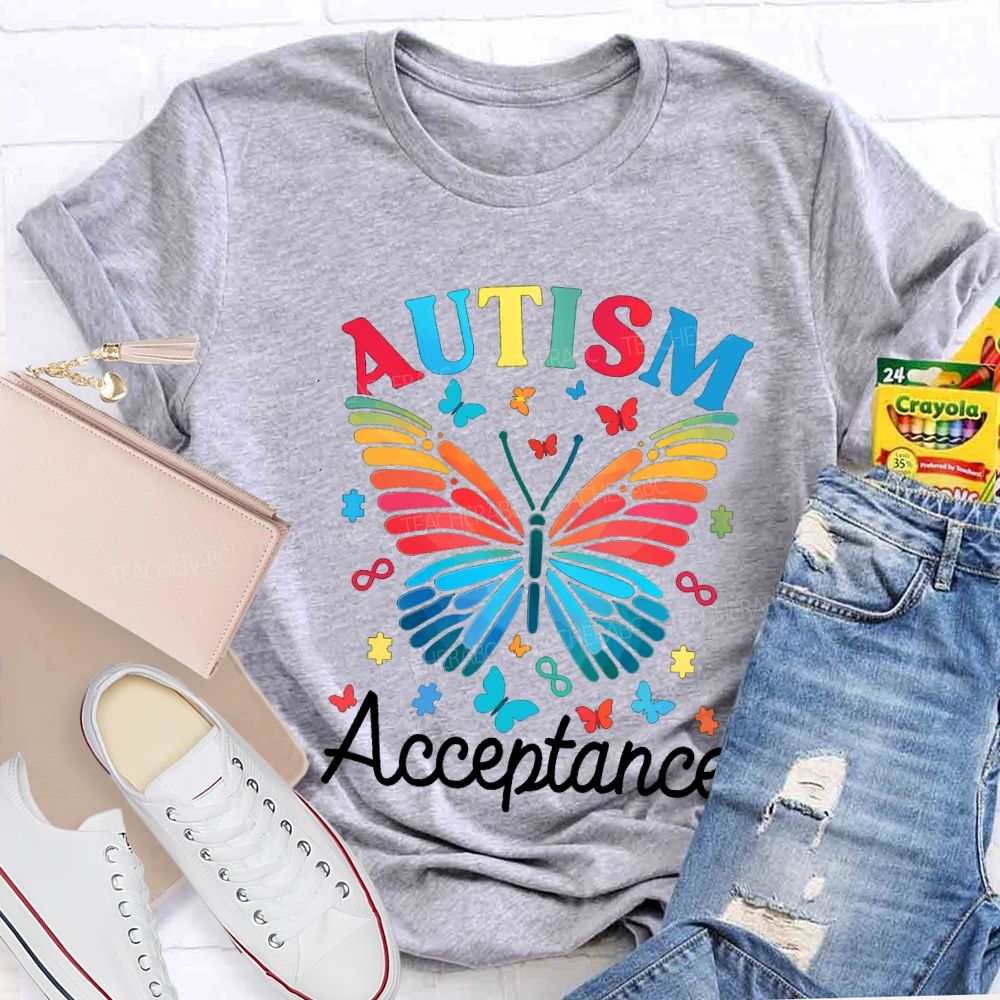 Autism Acceptance Colorful Butterfly Print Teacher T-shirt