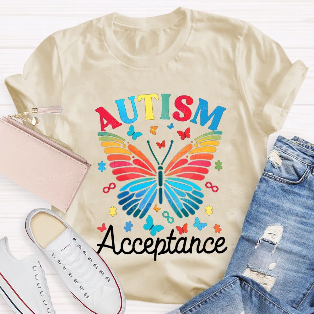 Autism Acceptance Colorful Butterfly Print Teacher T-shirt