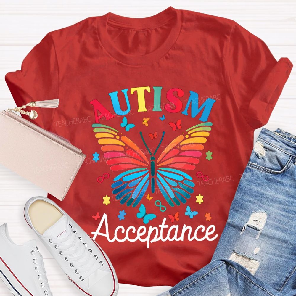 Autism Acceptance Colorful Butterfly Print Teacher T-shirt