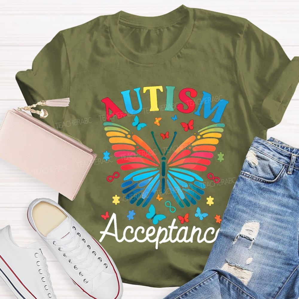 Autism Acceptance Colorful Butterfly Print Teacher T-shirt