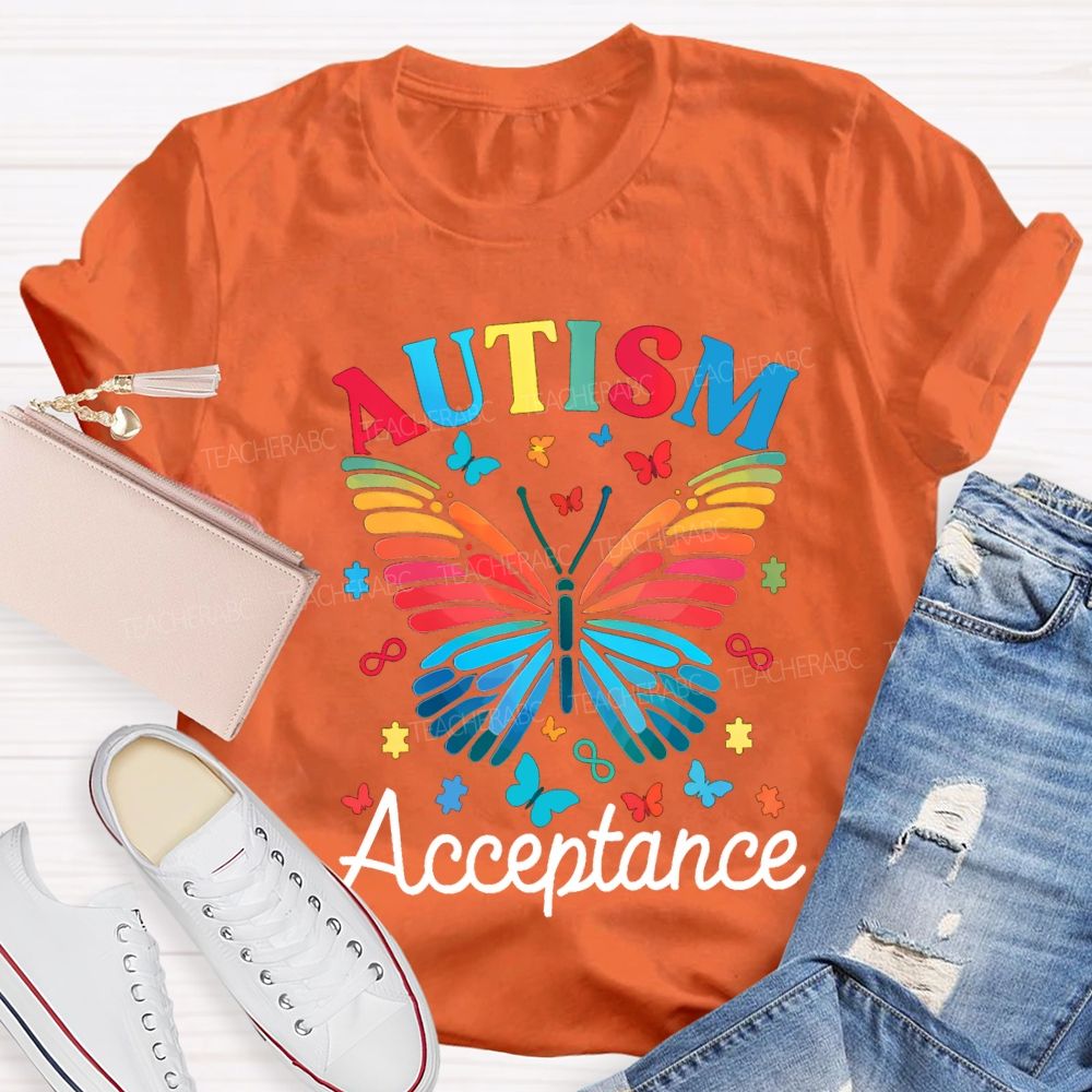 Autism Acceptance Colorful Butterfly Print Teacher T-shirt