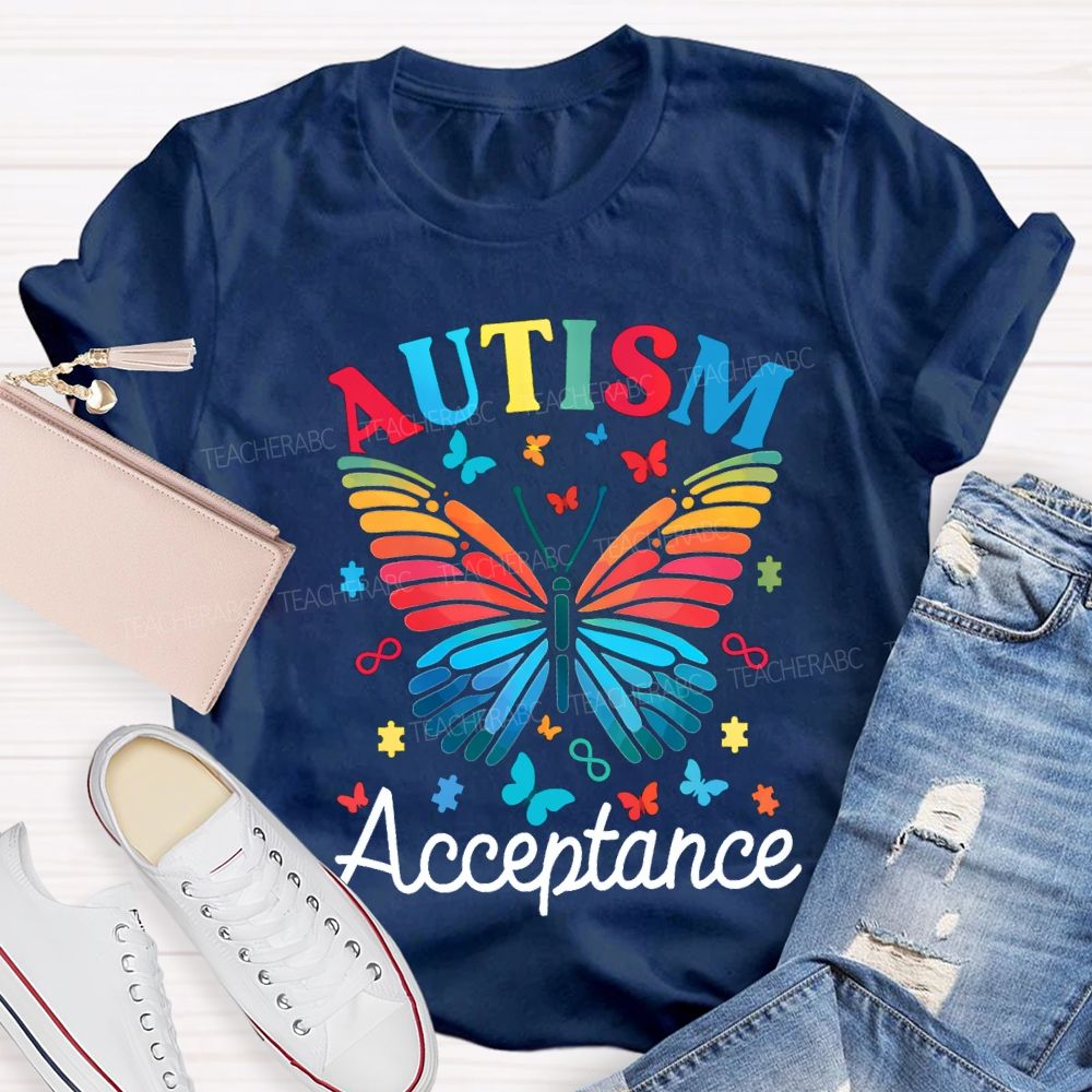 Autism Acceptance Colorful Butterfly Print Teacher T-shirt