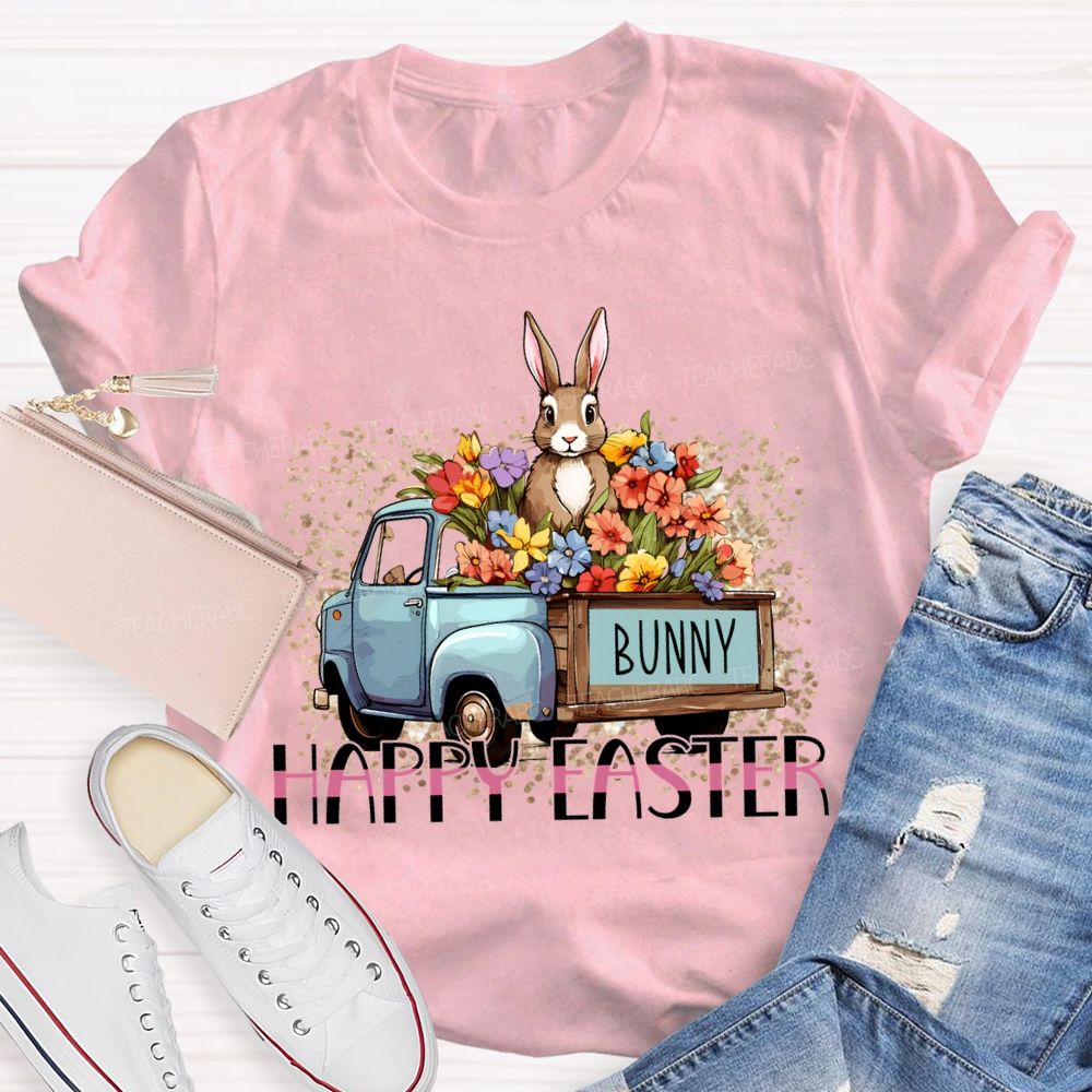 Happy Easter A Car Full Of Flowers And Bunny Teacher T-shirt