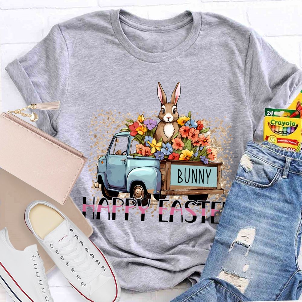 Happy Easter A Car Full Of Flowers And Bunny Teacher T-shirt