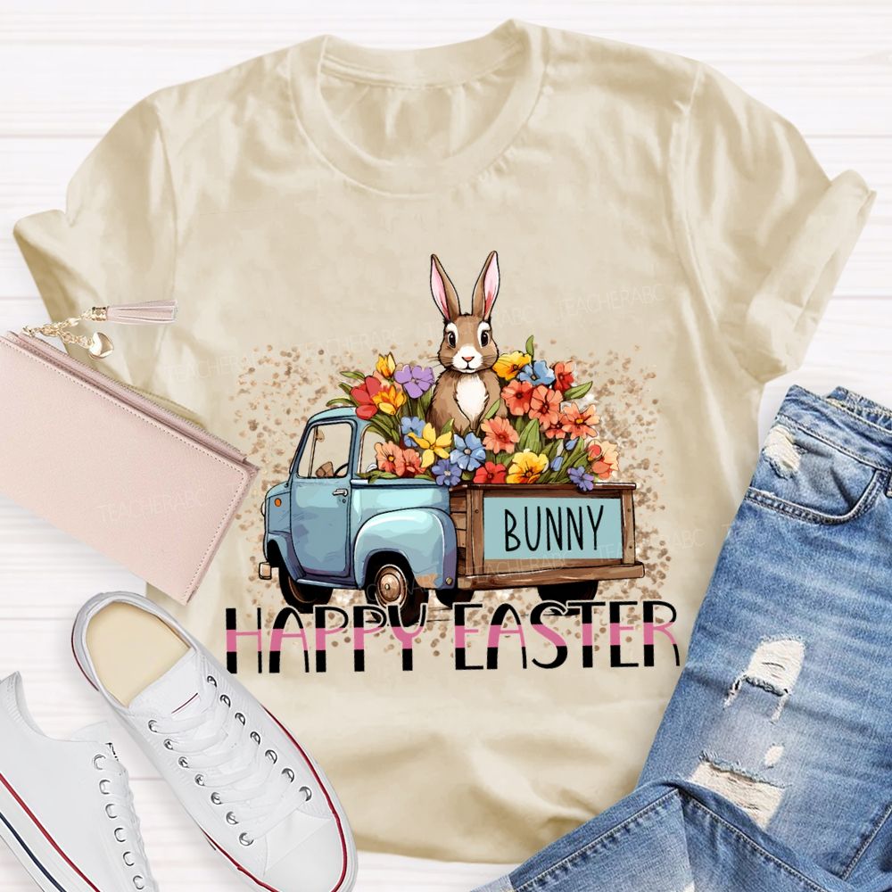 Happy Easter A Car Full Of Flowers And Bunny Teacher T-shirt