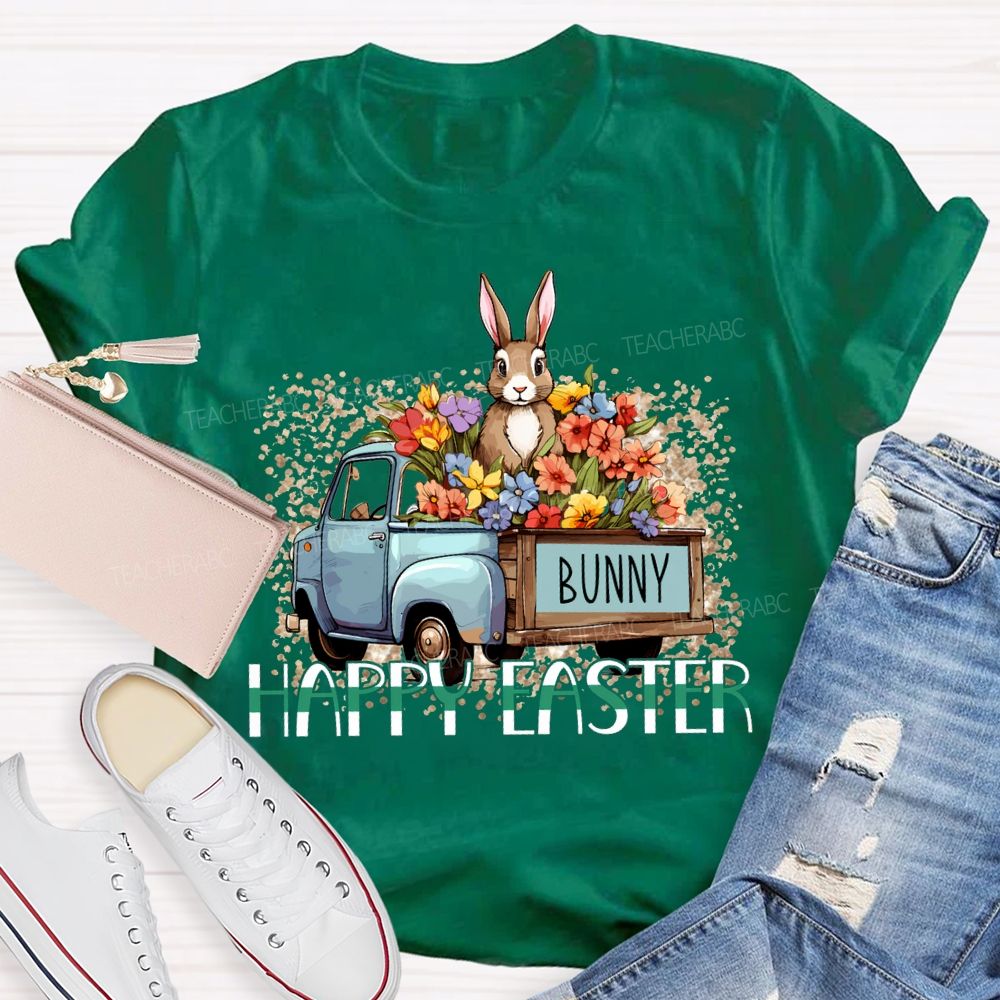 Happy Easter A Car Full Of Flowers And Bunny Teacher T-shirt