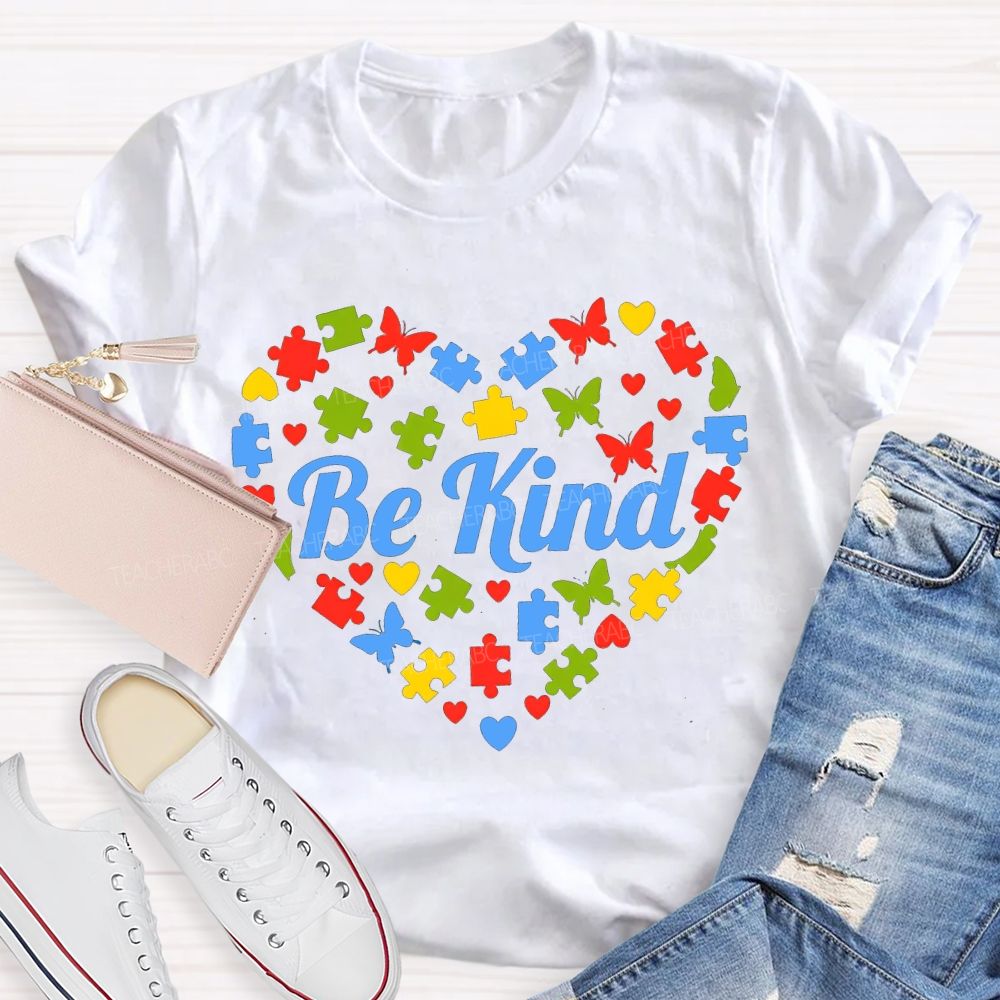 Be Kind Autism Butterfly Print Teacher T-shirt