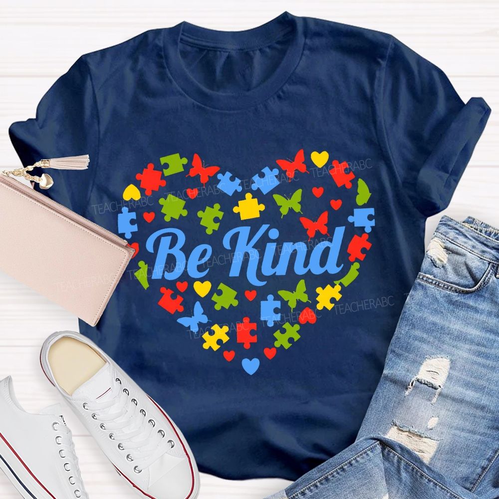 Be Kind Autism Butterfly Print Teacher T-shirt
