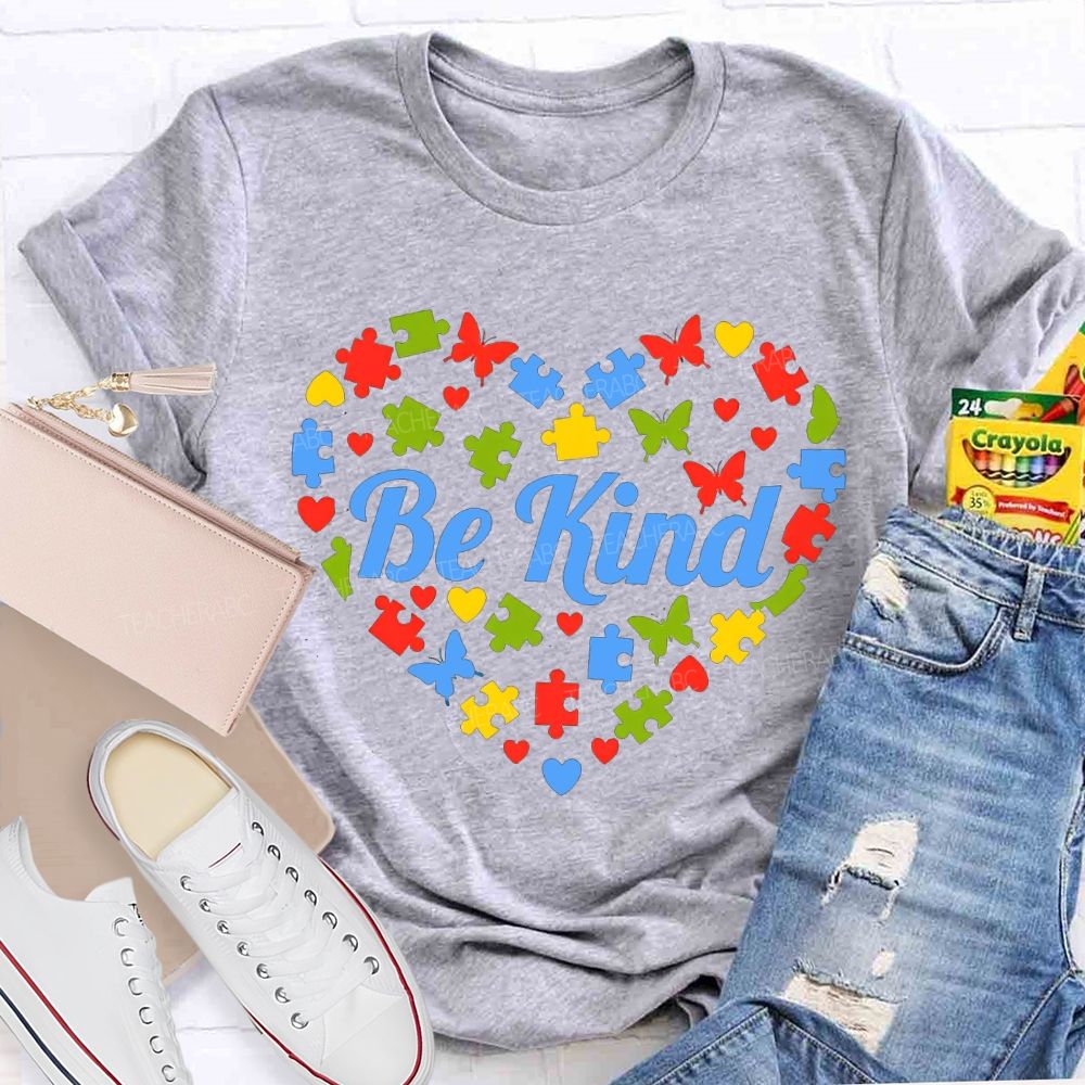 Be Kind Autism Butterfly Print Teacher T-shirt