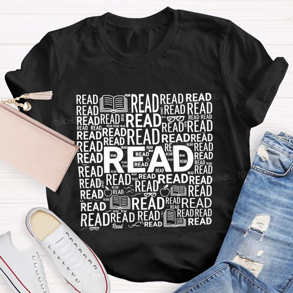 Read In Various Fonts And Apples Print Teacher T-shirt
