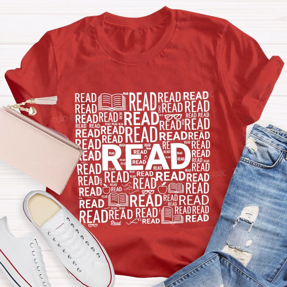 Read In Various Fonts And Apples Print Teacher T-shirt