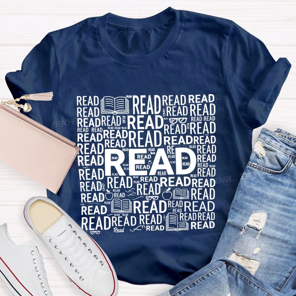 Read In Various Fonts And Apples Print Teacher T-shirt