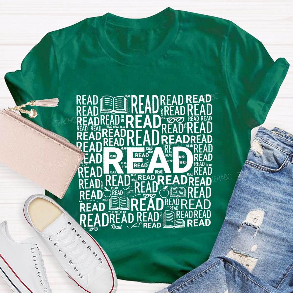 Read In Various Fonts And Apples Print Teacher T-shirt