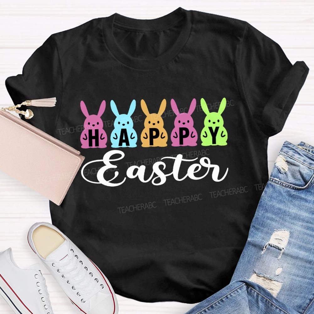 Happy Easter Colored Bunny Teacher T-shirt